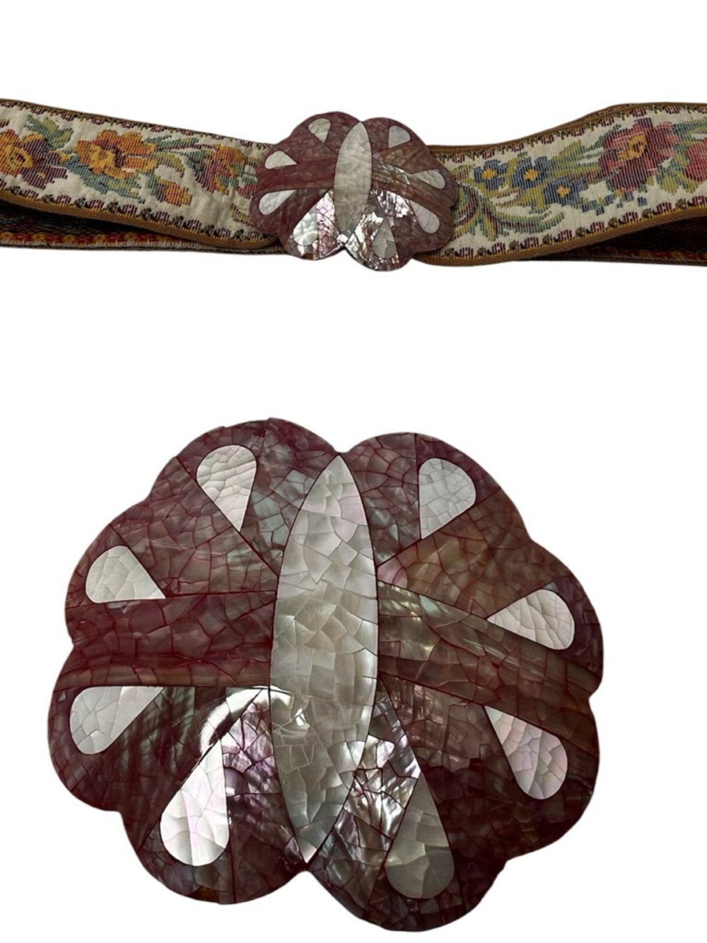 Vintage Tapestry Belt Mosaic Shell Buckle Floral Maroon Cream Grandmacore Boho